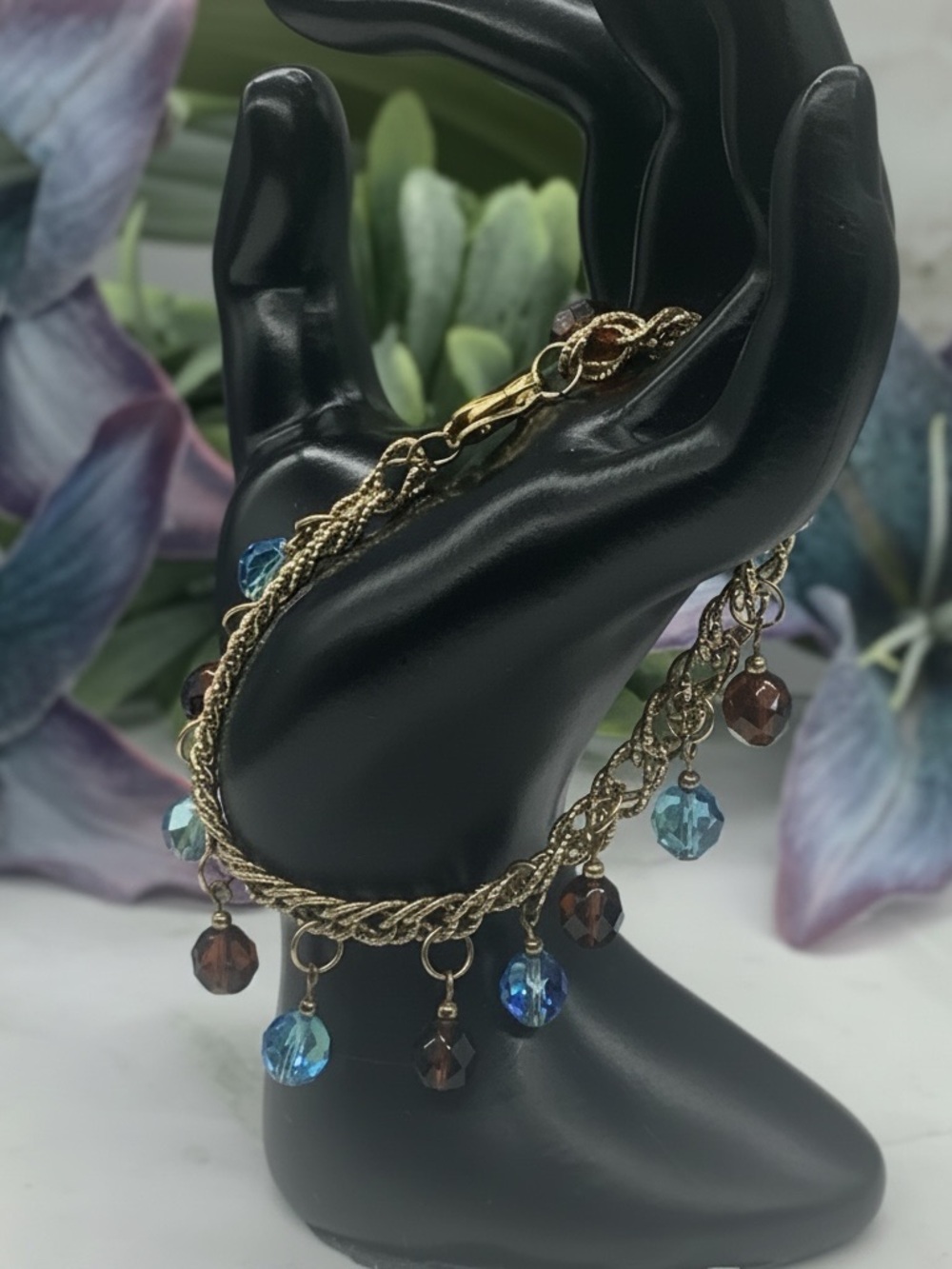 💎 Turquoise Blue & Brown Glass Crystals Dangle Charm Bracelet Gold Chain